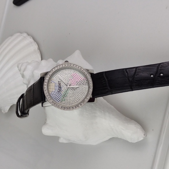 Stauer Rhinestone Black Leather Crock Embossed Band Stainless Steel Watch - Picture 11 of 12